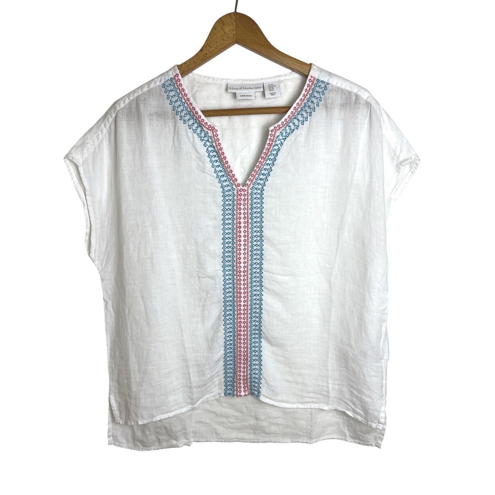 House of Harlow 1960 00% Linen Womens Embroidered Cap Sleeve Top Size XS Boho